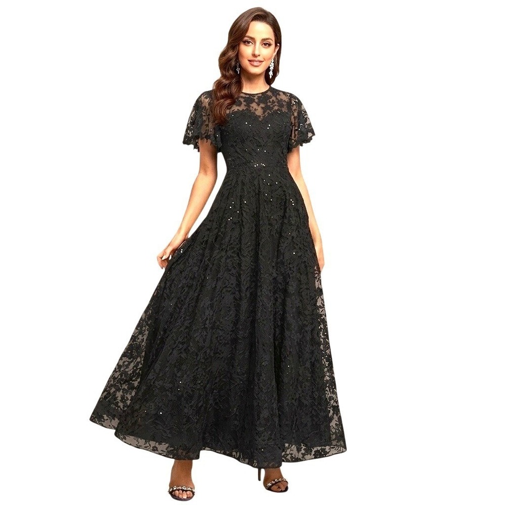 JJ's House Women L A-Line Gown Black Sequin Floral Lace Short Sleeve Formal